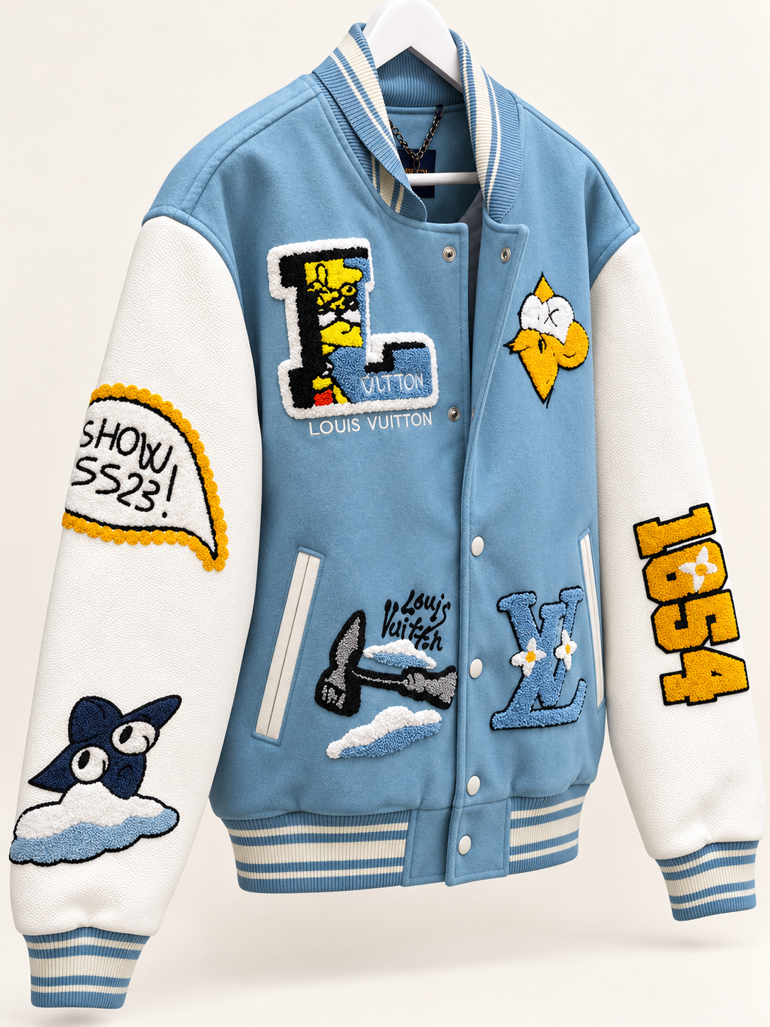 veste varsity bleu poudré à patchs veste varsity bleu poudré à patchs